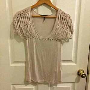 Beige Ripped Destroyed Edgy Viscose Knit Top